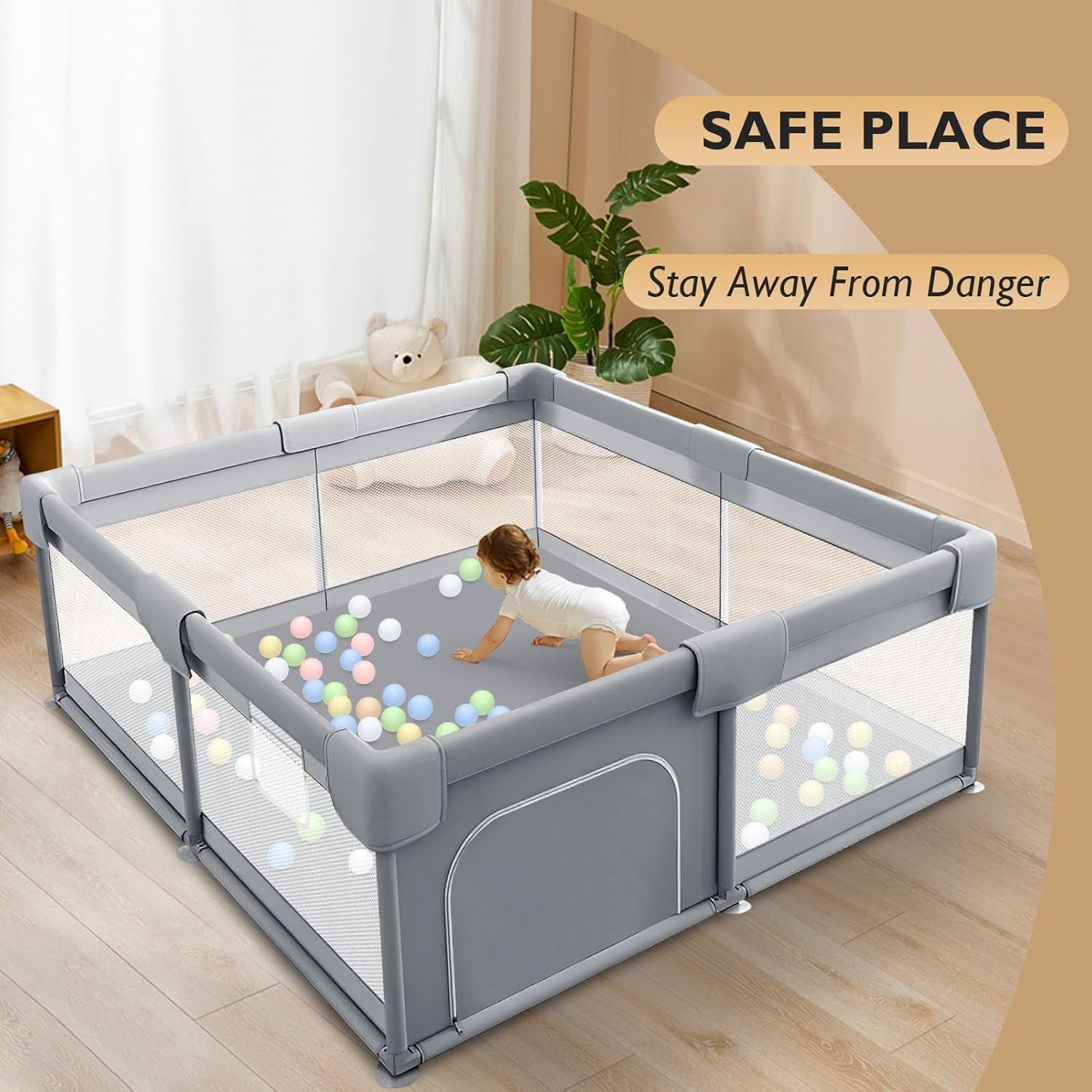 Portable Baby Playpen 180×150cm | Foldable Mesh Play Yard, Gray