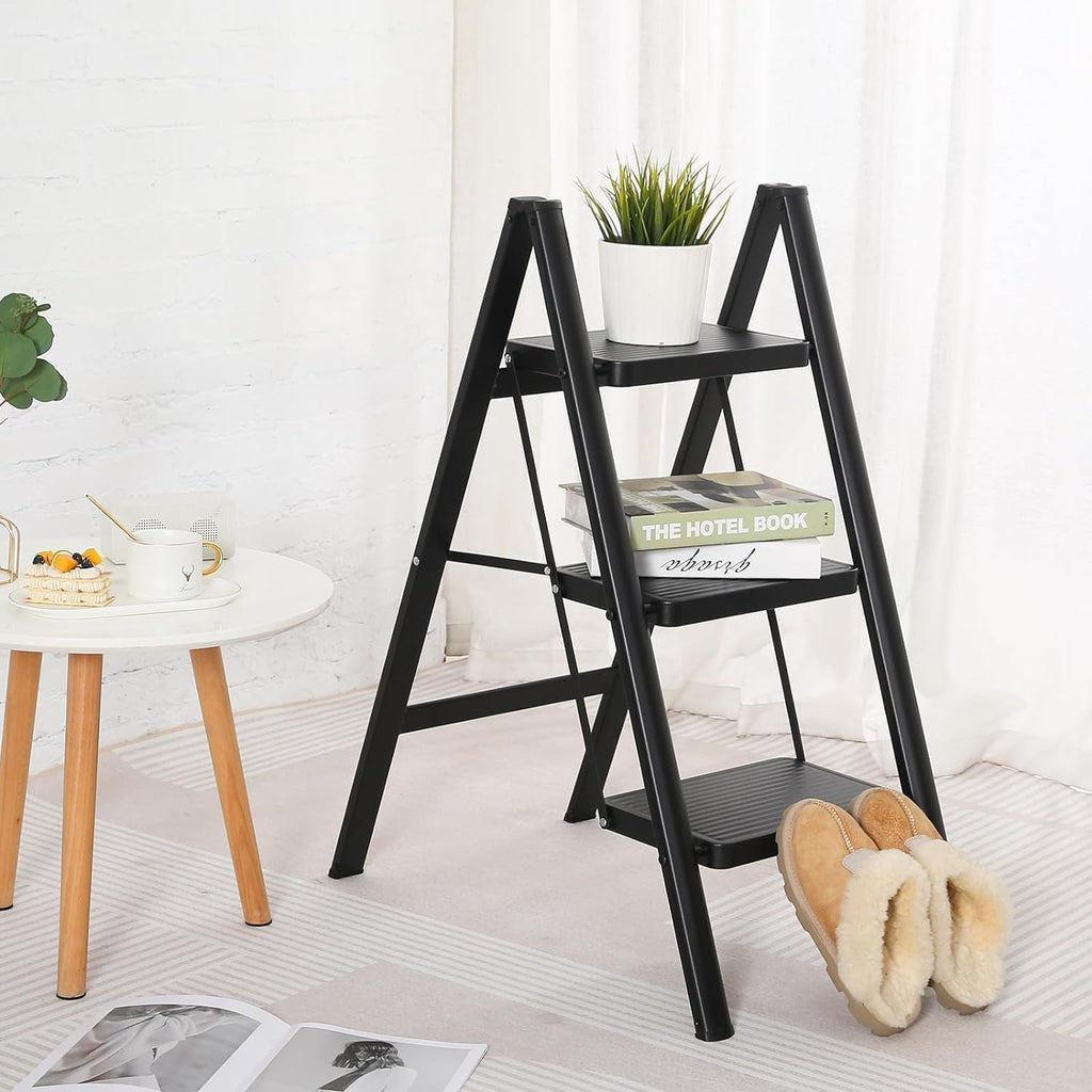 3 Step Folding Ladder – Heavy Duty 150kg Steel Step Stool for Adults | Anti-Slip, Compact & Multi-Purpose – Black