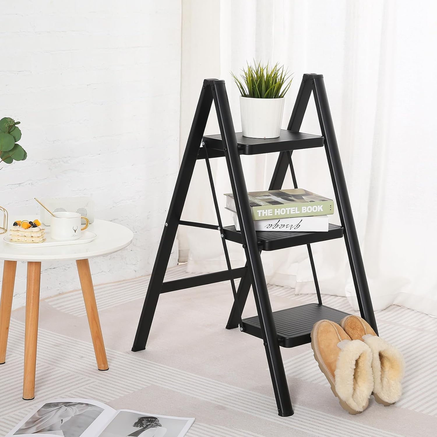 3 Step Folding Ladder – Heavy Duty 150kg Steel Step Stool for Adults | Anti-Slip, Compact & Multi-Purpose – Black
