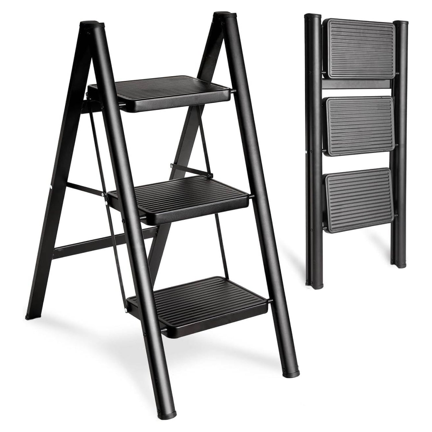 3 Step Folding Ladder – Heavy Duty 150kg Steel Step Stool for Adults | Anti-Slip, Compact & Multi-Purpose – Black