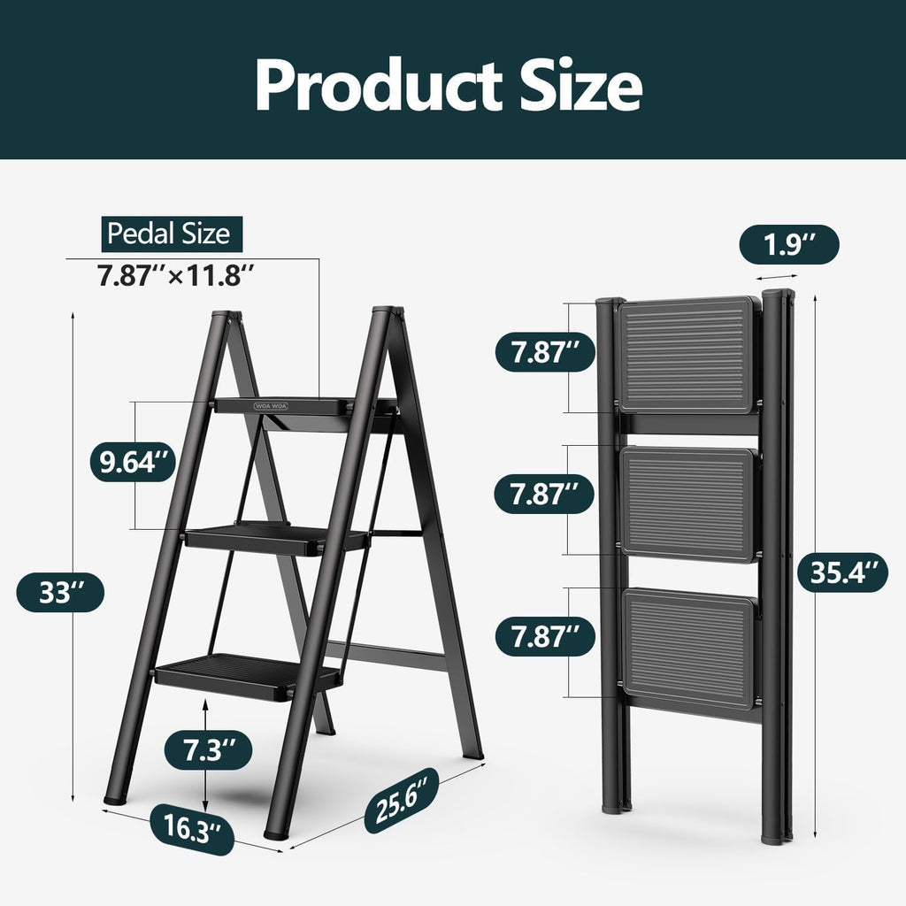 3 Step Folding Ladder – Heavy Duty 150kg Steel Step Stool for Adults | Anti-Slip, Compact & Multi-Purpose – Black
