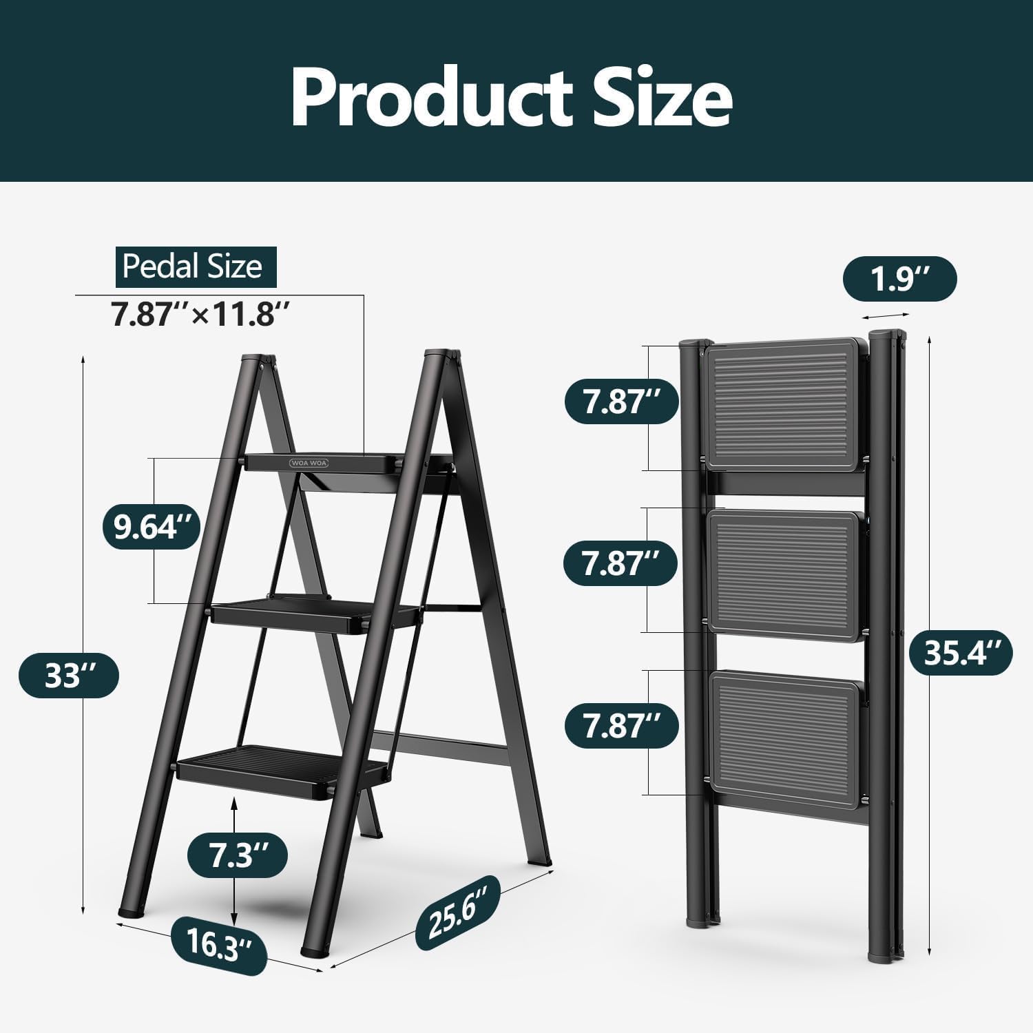 3 Step Folding Ladder – Heavy Duty 150kg Steel Step Stool for Adults | Anti-Slip, Compact & Multi-Purpose – Black