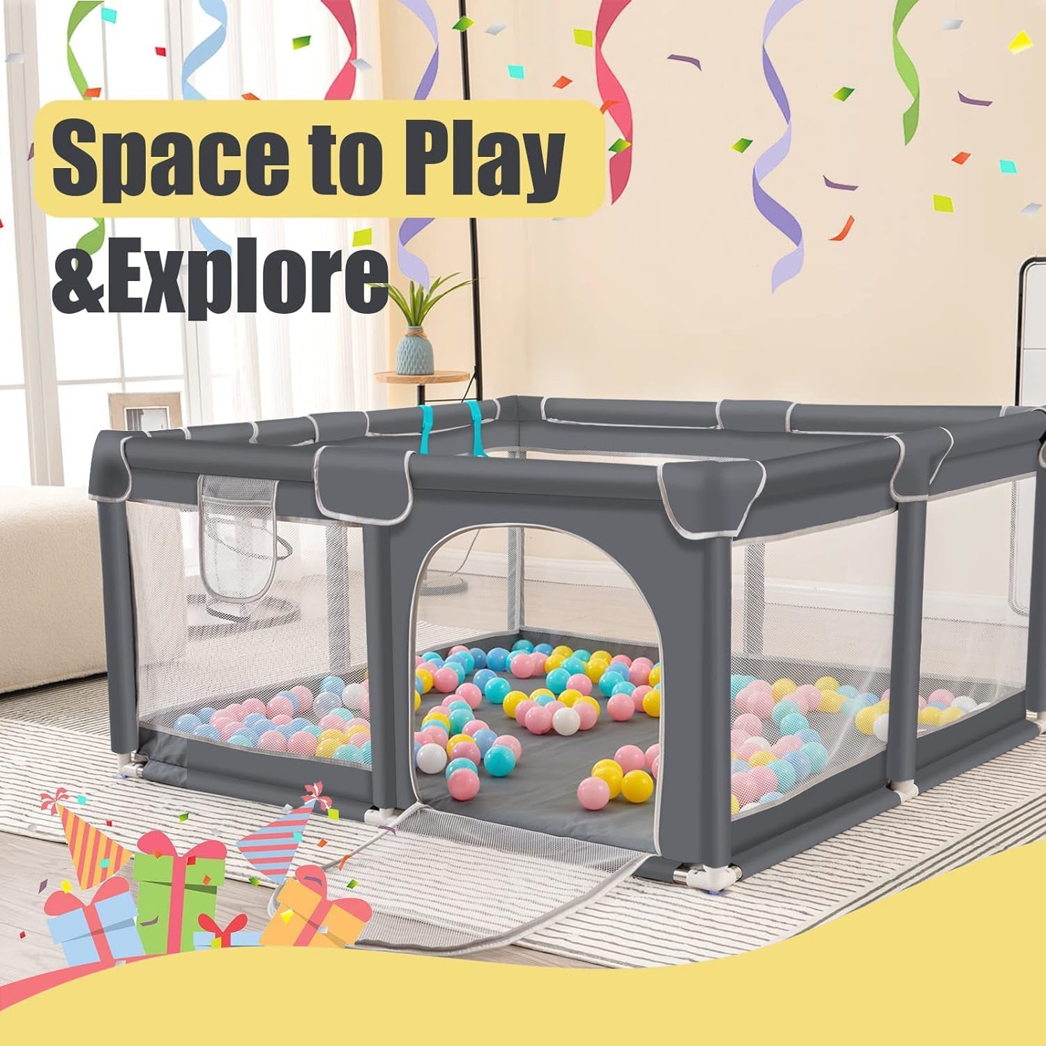 Portable Baby Playpen 180×150cm | Foldable Mesh Play Yard, Gray