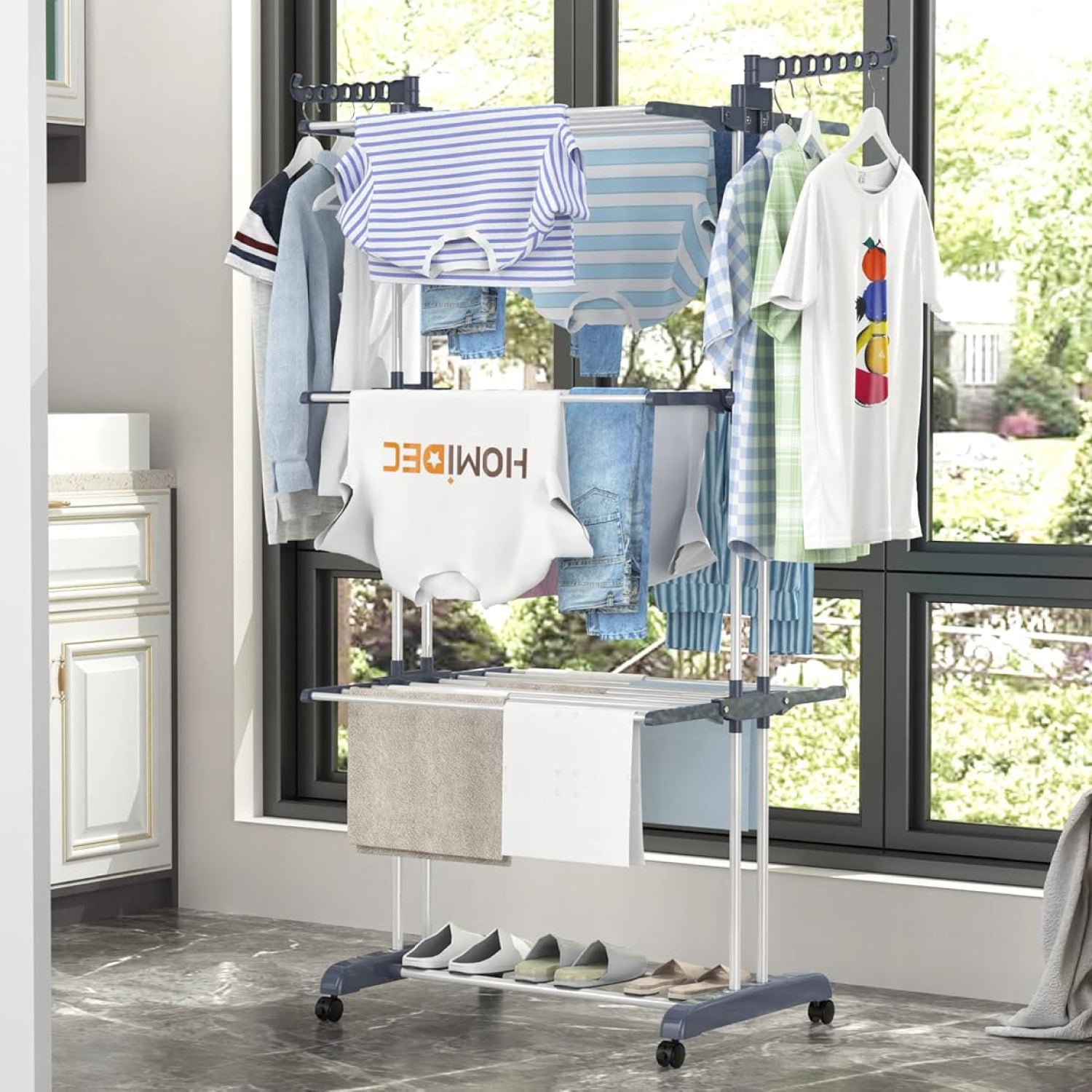 4-Tier Foldable Stainless Steel Clothes Drying Rack with Wheels – Portable & Heavy Duty
