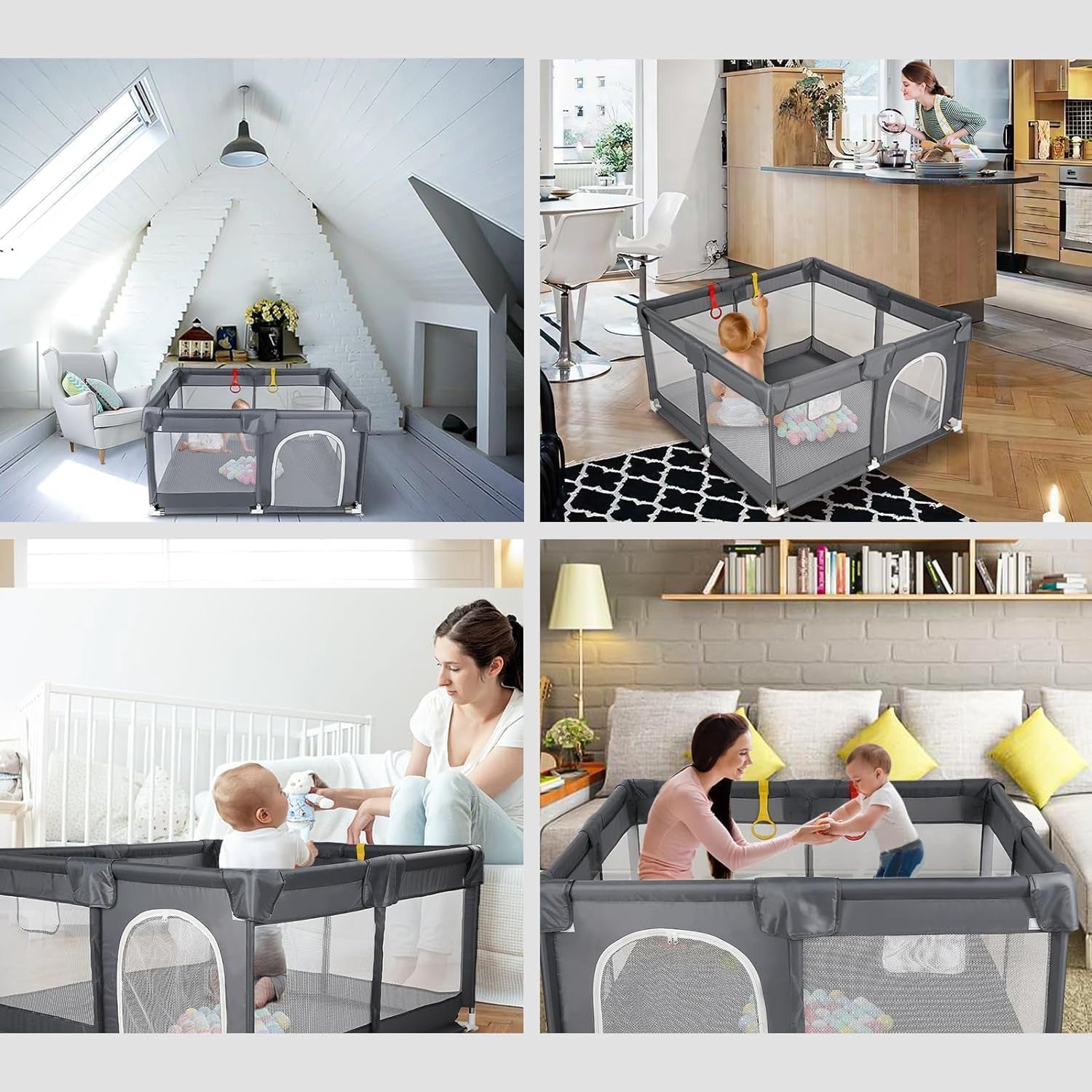 Portable Baby Playpen 180×150cm | Foldable Mesh Play Yard, Gray