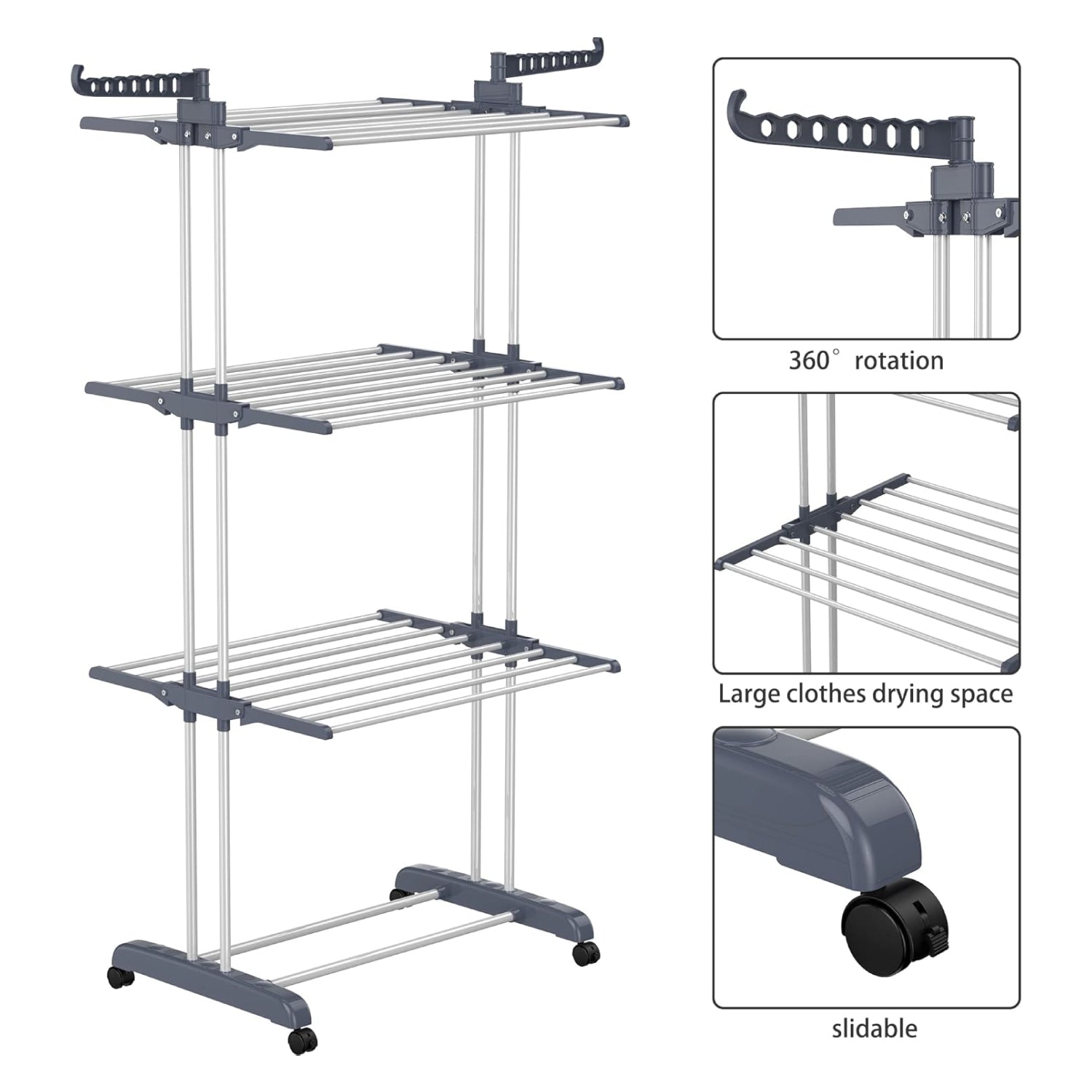 4-Tier Foldable Stainless Steel Clothes Drying Rack with Wheels – Portable & Heavy Duty