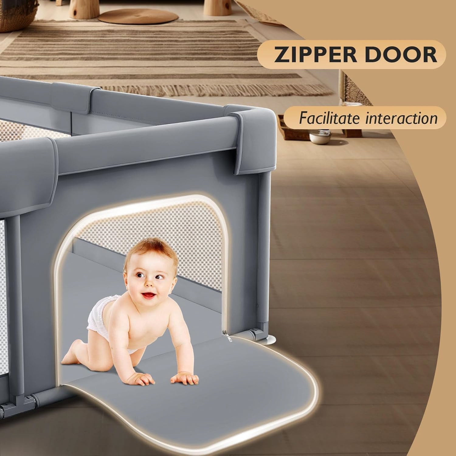 Portable Baby Playpen 180×150cm | Foldable Mesh Play Yard, Gray