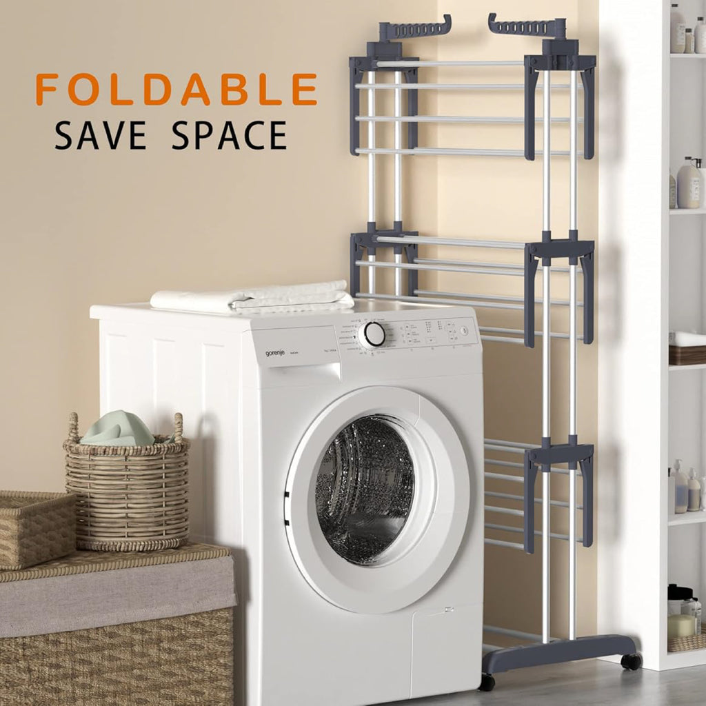 4-Tier Foldable Stainless Steel Clothes Drying Rack with Wheels – Portable & Heavy Duty