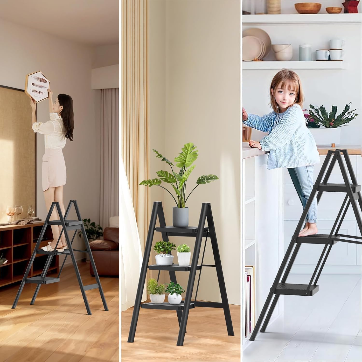 3 Step Folding Ladder – Heavy Duty 150kg Steel Step Stool for Adults | Anti-Slip, Compact & Multi-Purpose – Black