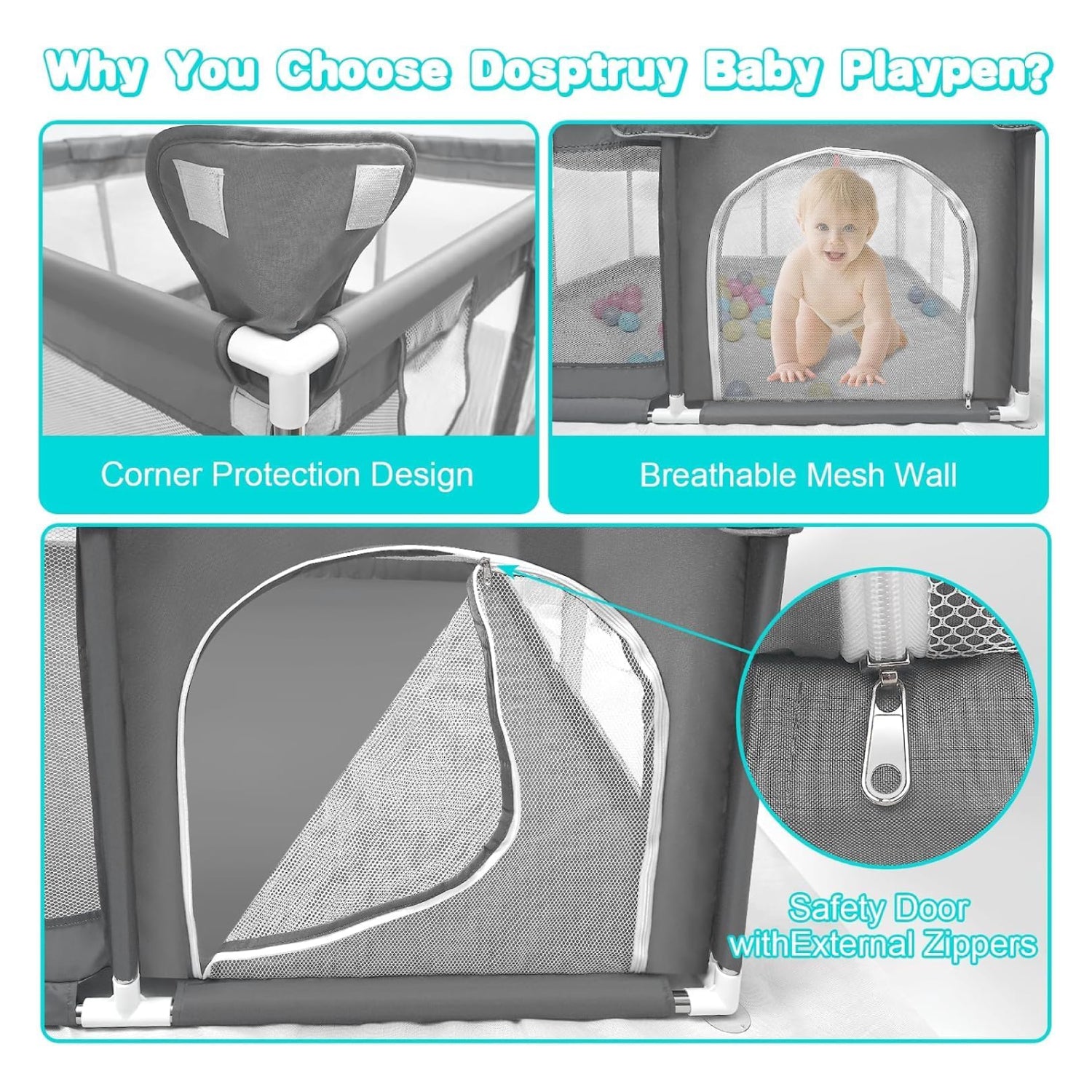 Portable Baby Playpen 180×150cm | Foldable Mesh Play Yard, Gray