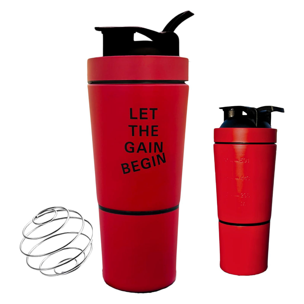 27oz Stainless Steel Protein Shaker – Leak-Proof, BPA-Free, with Powder Compartment & Mixer Ball (Red/Silver)